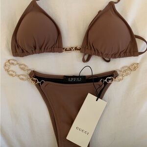 GG Brown Triangle Bikini with Gold Chain Details